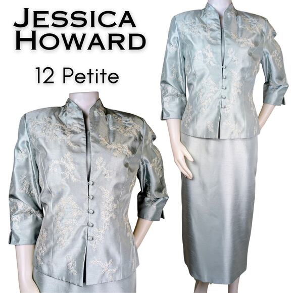 Jessica Howard Ice Blue 2Pc Maxi Asian Styled Embroidered Dress Size 12 Petite - Picture 1 of 11